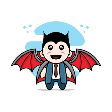 Dracula kostümü giyen sevimli bir iş adamı tasarımı. Maskot tasarımı konsepti