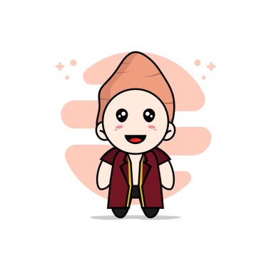 Tatlı patates kostümü giyen sevimli bir avukat. Maskot tasarımı konsepti