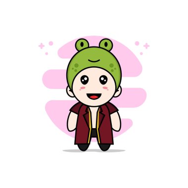 Kurbağa kostümü giyen sevimli bir avukat. Maskot tasarımı konsepti