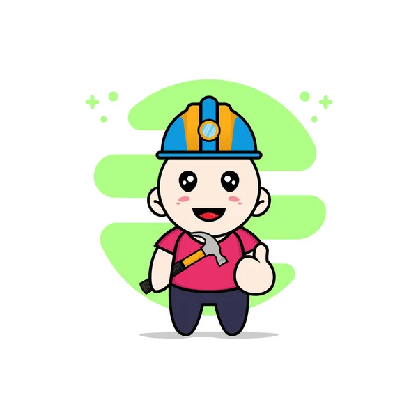 Cute Kids Character Wearing Builder Costume Mascot Design Concept — Stock Vector