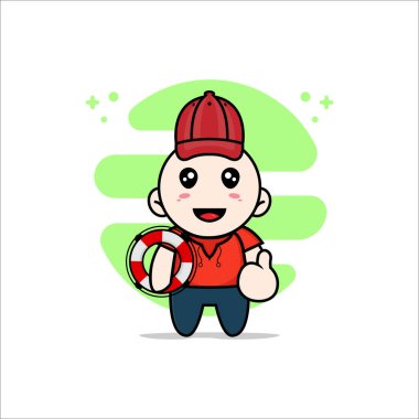 Sahil Güvenlik kostümü giyen sevimli çocuk karakteri. Maskot tasarımı konsepti