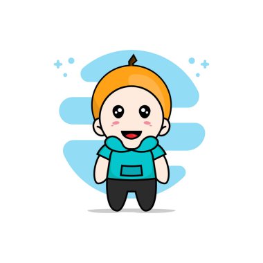 Turuncu kostüm giyen sevimli çocuk karakteri. Maskot tasarımı konsepti