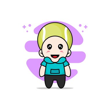 Tenis topu kostümü giyen sevimli çocuk karakteri. Maskot tasarımı konsepti