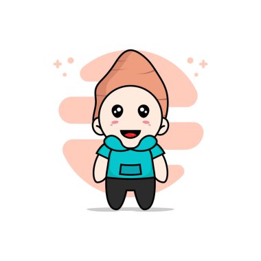 Tatlı patates kostümü giyen sevimli çocuk karakteri. Maskot tasarımı konsepti