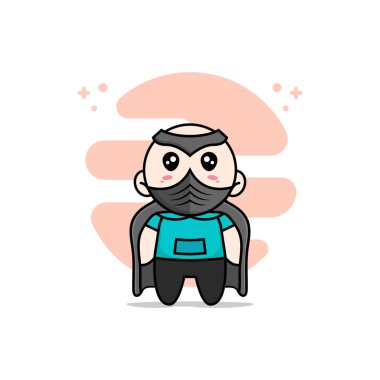 Süper kahraman kostümü giyen sevimli çocuk karakteri. Maskot tasarımı konsepti