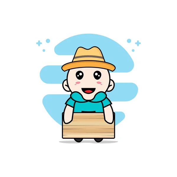 Cute Kids Character Holding Wooden Board Mascot Design Concept — Stock Vector