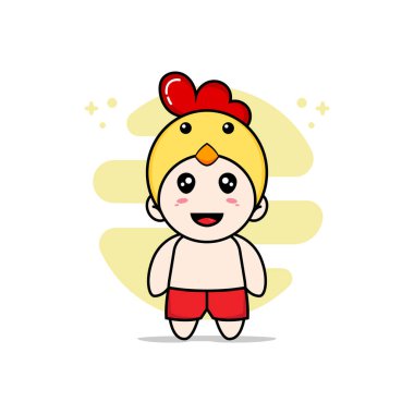 Tavuk kostümü giyen sevimli çocuk karakteri. Maskot tasarımı konsepti