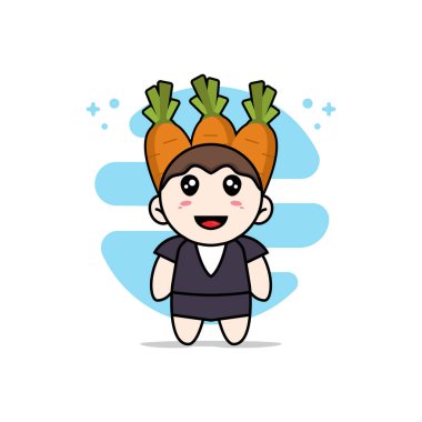 Havuç kostümü giyen sevimli bir iş kadını karakteri. Maskot tasarımı konsepti