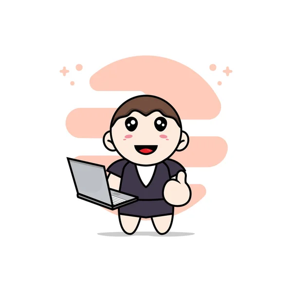 Cute Business Woman Character Holding Laptop Mascot Design Concept — Stock Vector