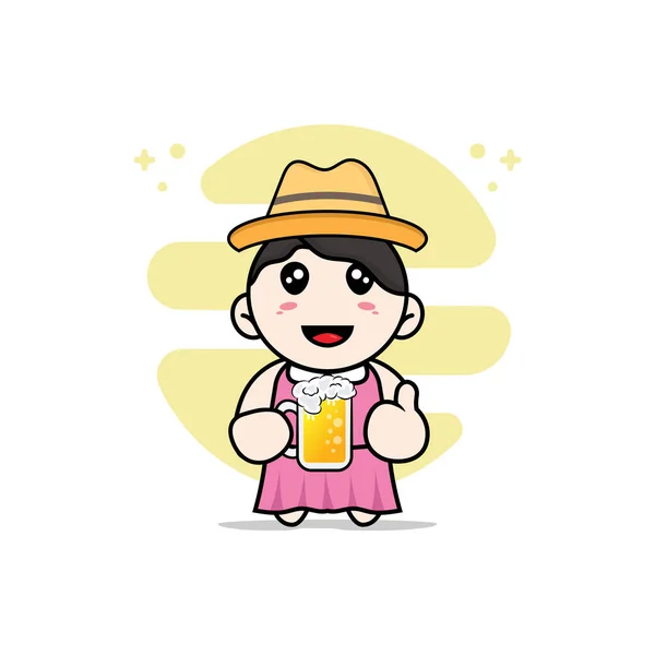 Mignon Personnage Fille Tenant Verre Bière Concept Mascotte — Image vectorielle