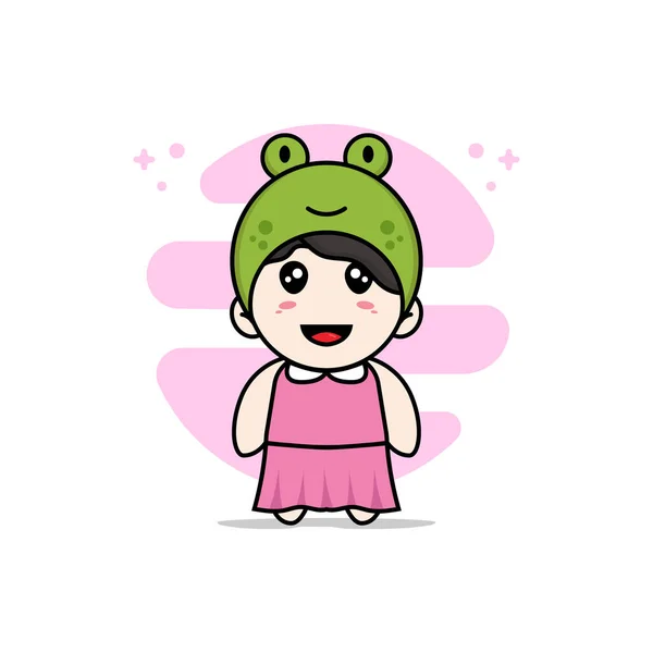 Mignon Personnage Fille Portant Costume Grenouille Concept Mascotte — Image vectorielle