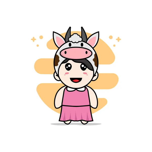 Mignon Personnage Fille Portant Costume Vache Concept Mascotte — Image vectorielle