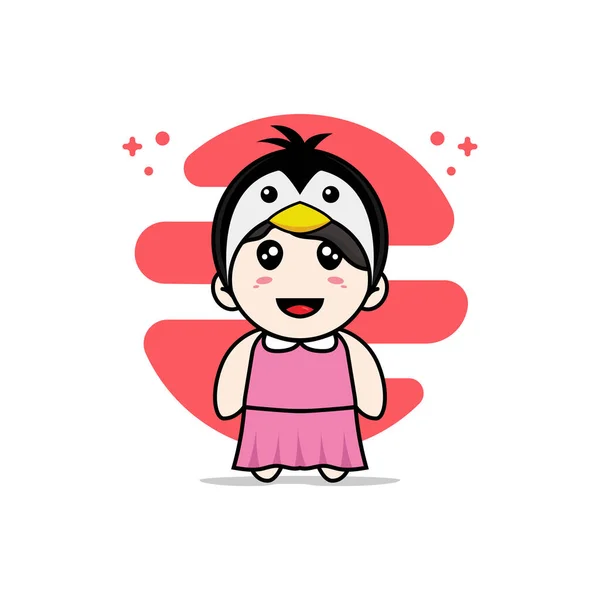 Cute Girl Character Wearing Penguin Costume Mascot Design Concept — Stock Vector