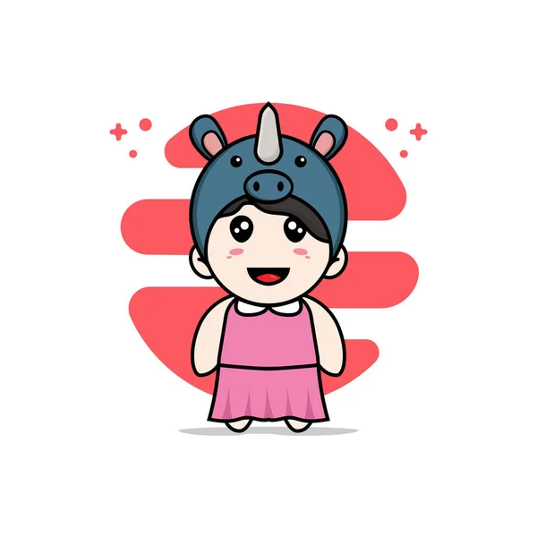 Mignon Personnage Fille Portant Costume Rhinocéros Concept Mascotte — Image vectorielle