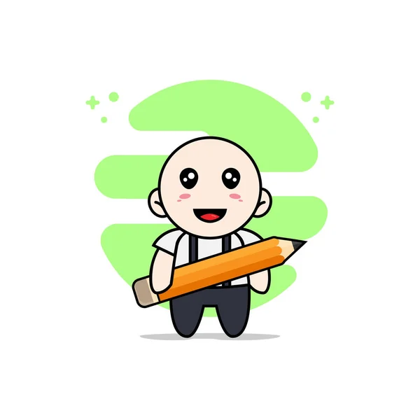 Mignon Personnage Garçon Geek Tenant Grand Crayon Concept Mascotte — Image vectorielle