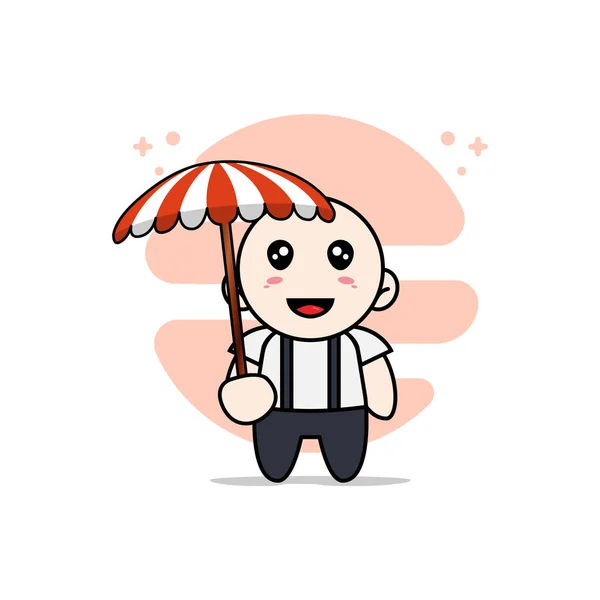 Cute Geek Boy Character Holding Umbrella Mascot Design Concept — Stock Vector