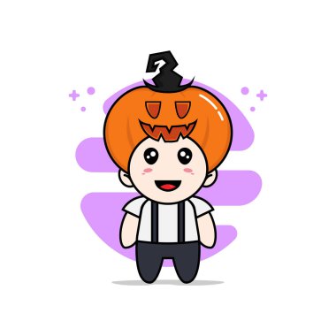 Cadılar Bayramı balkabağı kostümü giyen sevimli inek çocuk karakteri. Maskot tasarımı konsepti