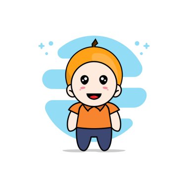 Turuncu kostüm giyen sevimli kurye karakter. Maskot tasarımı konsepti