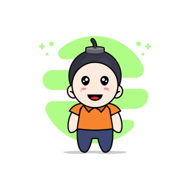 Patlama kostümü giyen sevimli kurye karakter. Maskot tasarımı konsepti