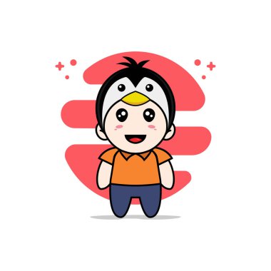 Penguen kostümü giyen sevimli kurye karakter. Maskot tasarımı konsepti