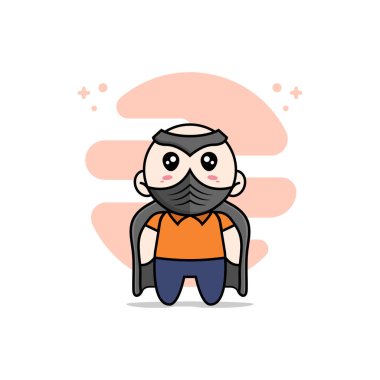 Süper kahraman kostümü giyen sevimli kurye karakter. Maskot tasarımı konsepti