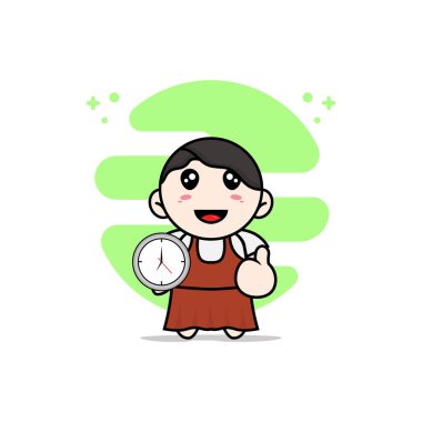 Duvardaki saati tutan tatlı kız karakteri. Maskot tasarımı konsepti