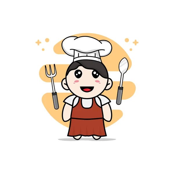 Mignon Personnage Fille Portant Costume Chef Concept Mascotte — Image vectorielle