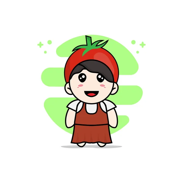 可爱的女孩角色穿着西红柿服装 吉祥物设计理念 — 图库矢量图片