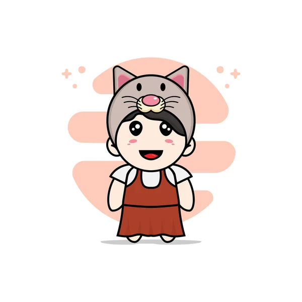 Cute Girl Character Wearing Cat Costume Mascot Design Concept — Stock Vector