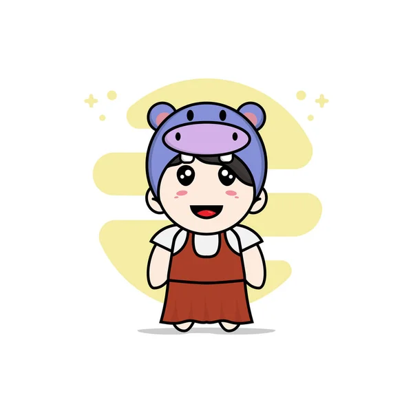 Cute Girl Character Wearing Hippopotamus Costume Mascot Design Concept — Stock Vector