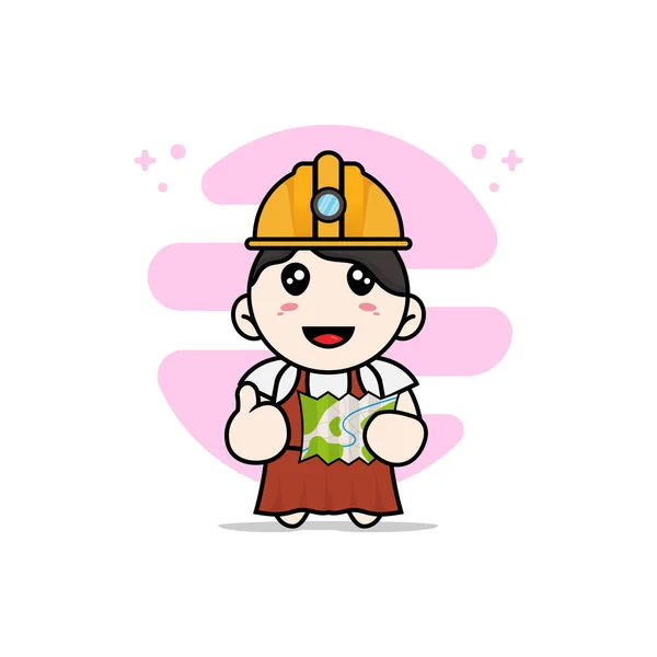 Mignon Personnage Fille Portant Des Costumes Travailleur Construction Concept Mascotte — Image vectorielle