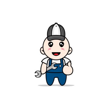 Mekanik kostüm giyen sevimli mekanik karakter tasarımı. Maskot tasarımı konsepti