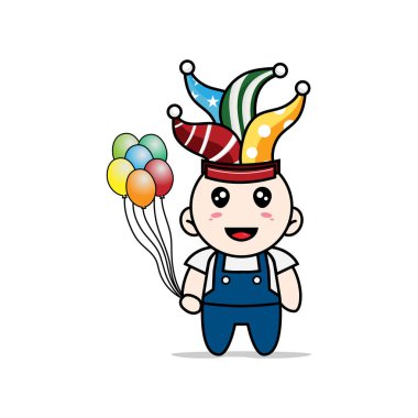 Doğum günü kostümü giyen sevimli bir tamirci. Maskot tasarımı konsepti