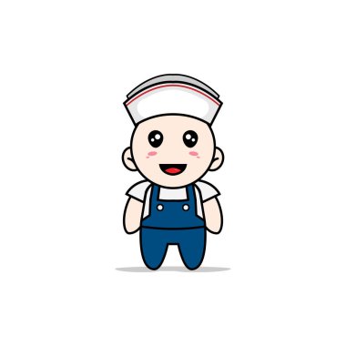 Bakıcı kostümü giyen sevimli bir tamirci. Maskot tasarımı konsepti