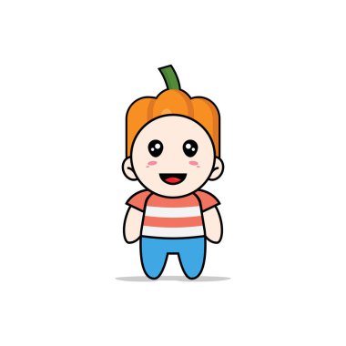 Balkabağı kostümü giyen sevimli çocuk. Maskot tasarımı konsepti