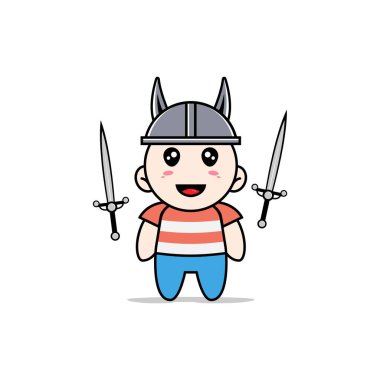 Dövüşçü kostümü giyen sevimli çocuk. Maskot tasarımı konsepti