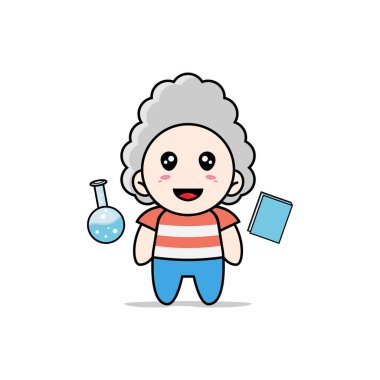 Bilim adamı kostümü giyen sevimli çocuk. Maskot tasarımı konsepti