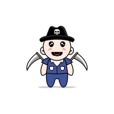 Ölüm meleği kostümü giyen sevimli erkek karakter tasarımı. Maskot tasarımı konsepti