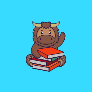 Kitap okuyan sevimli bir boğa. Hayvan çizgi film kavramı izole edildi. Tişört, tebrik kartı, davetiye kartı ya da maskot olarak kullanılabilir..