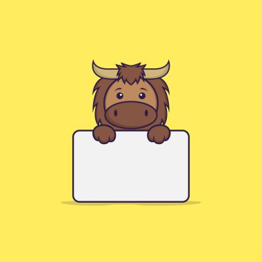 Beyaz tahtayı tutan tatlı boğa. Hayvan çizgi film kavramı izole edildi. Tişört, tebrik kartı, davetiye kartı ya da maskot olarak kullanılabilir..