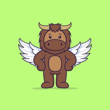 Kanat takan sevimli boğa. Hayvan çizgi film kavramı izole edildi. Tişört, tebrik kartı, davetiye kartı ya da maskot olarak kullanılabilir..