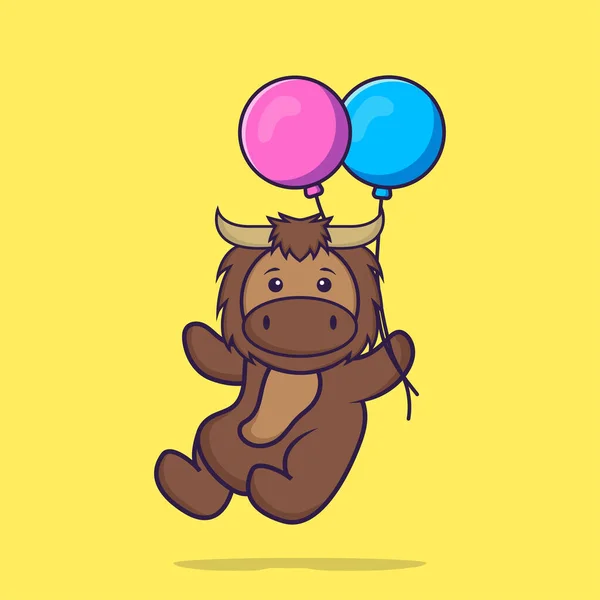 Cute Bull Flying Two Balloons Animal Cartoon Concept Isolated Can — Vettoriale Stock
