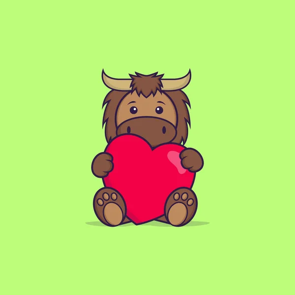 Cute Bull Holding Big Red Heart Animal Cartoon Concept Isolated — Vector de stock