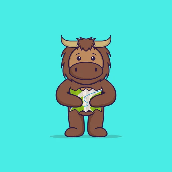 可爱的公牛拿着地图 动物漫画的概念是孤立的 可用于T恤衫 请柬或吉祥物 — 图库矢量图片