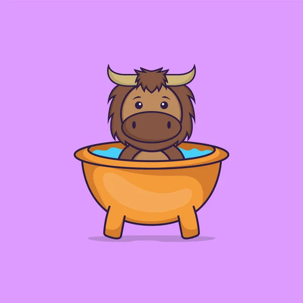 Mignon Taureau Prenant Bain Dans Baignoire Concept Dessin Animé Animal — Image vectorielle