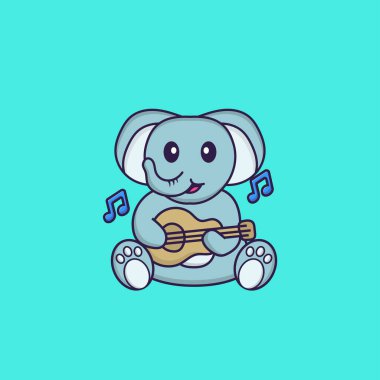 Gitar çalan sevimli fil. Hayvan çizgi film kavramı izole edildi. Tişört, tebrik kartı, davetiye kartı ya da maskot olarak kullanılabilir..