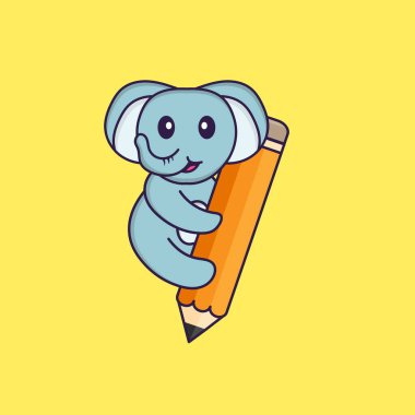 Cute elephant holding a pencil. Animal cartoon concept isolated. Can used for t-shirt, greeting card, invitation card or mascot.