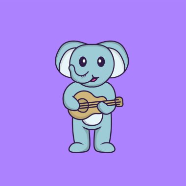 Gitar çalan sevimli fil. Hayvan çizgi film kavramı izole edildi. Tişört, tebrik kartı, davetiye kartı ya da maskot olarak kullanılabilir..