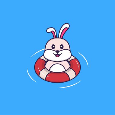 Şirin tavşan şamandırayla yüzüyor. Hayvan çizgi film kavramı izole edildi. Tişört, tebrik kartı, davetiye kartı ya da maskot olarak kullanılabilir..