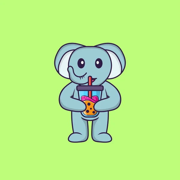 Cute Elephant Drinking Boba Milk Tea Animal Cartoon Concept Isolated — Vettoriale Stock